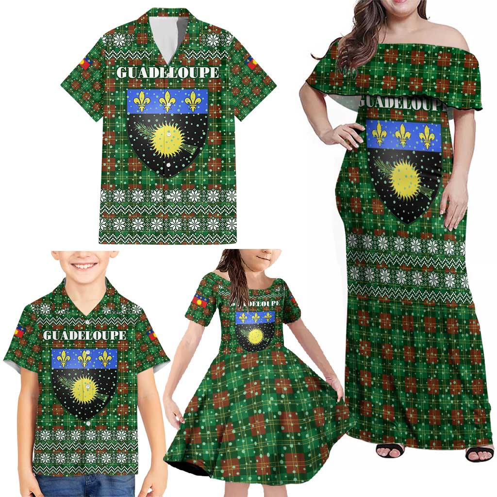 Guadeloupe Christmas Family Matching Off Shoulder Maxi Dress and Hawaiian Shirt with Green-Red Plaid Design, Sun and Sugarcane Emblem, and Santa Sleigh Motif - Wonder Print Shop