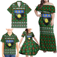 Guadeloupe Christmas Family Matching Off Shoulder Maxi Dress and Hawaiian Shirt with Green-Red Plaid Design, Sun and Sugarcane Emblem, and Santa Sleigh Motif - Wonder Print Shop