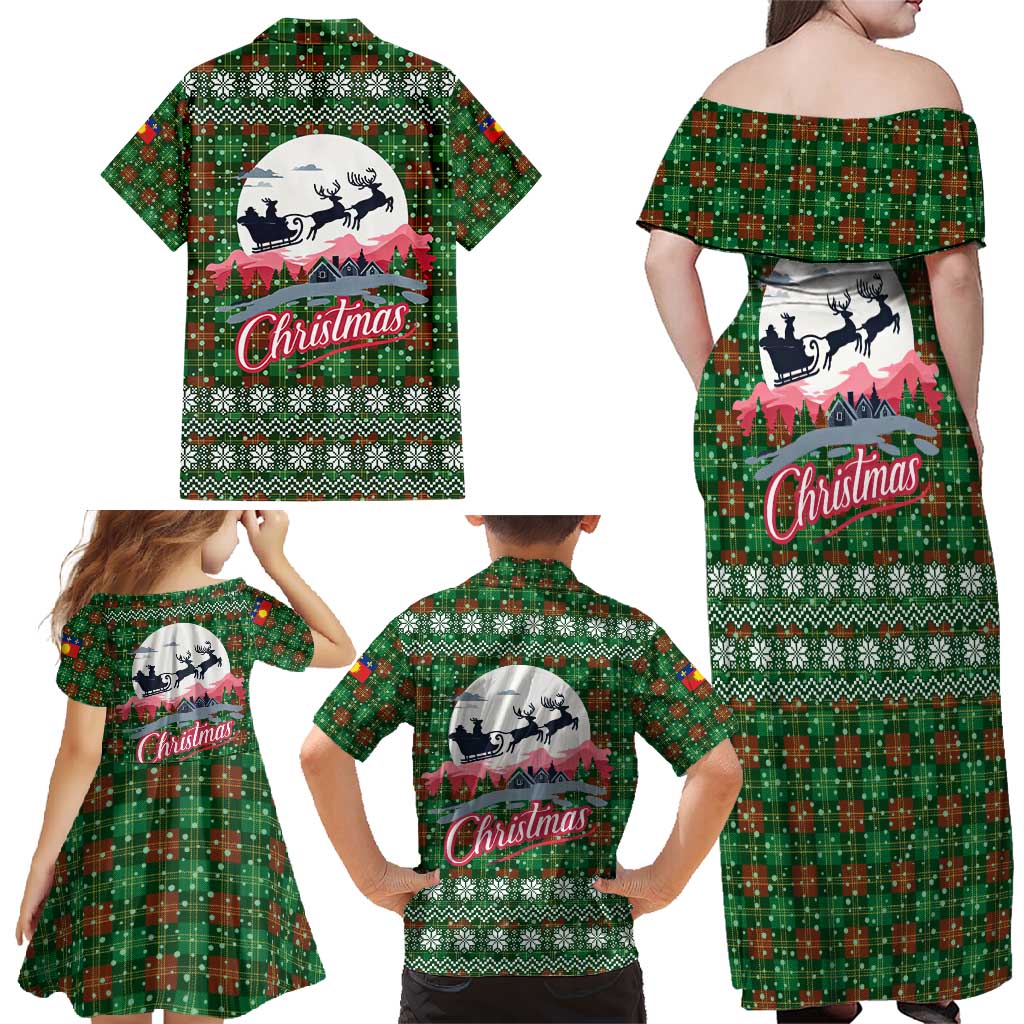 Guadeloupe Christmas Family Matching Off Shoulder Maxi Dress and Hawaiian Shirt with Green-Red Plaid Design, Sun and Sugarcane Emblem, and Santa Sleigh Motif - Wonder Print Shop