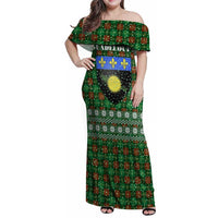 Guadeloupe Christmas Family Matching Off Shoulder Maxi Dress and Hawaiian Shirt with Green-Red Plaid Design, Sun and Sugarcane Emblem, and Santa Sleigh Motif - Wonder Print Shop