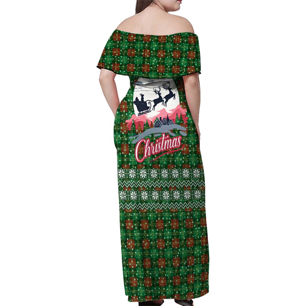 Guadeloupe Christmas Family Matching Off Shoulder Maxi Dress and Hawaiian Shirt with Green-Red Plaid Design, Sun and Sugarcane Emblem, and Santa Sleigh Motif - Wonder Print Shop
