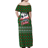 Guadeloupe Christmas Family Matching Off Shoulder Maxi Dress and Hawaiian Shirt with Green-Red Plaid Design, Sun and Sugarcane Emblem, and Santa Sleigh Motif - Wonder Print Shop