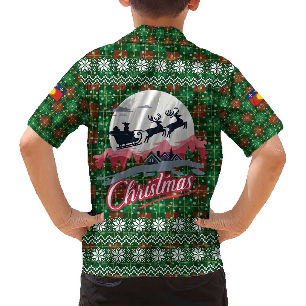 Guadeloupe Christmas Family Matching Off Shoulder Short Dress and Hawaiian Shirt with Green-Red Plaid Design, Sun and Sugarcane Emblem, and Santa Sleigh Motif - Wonder Print Shop