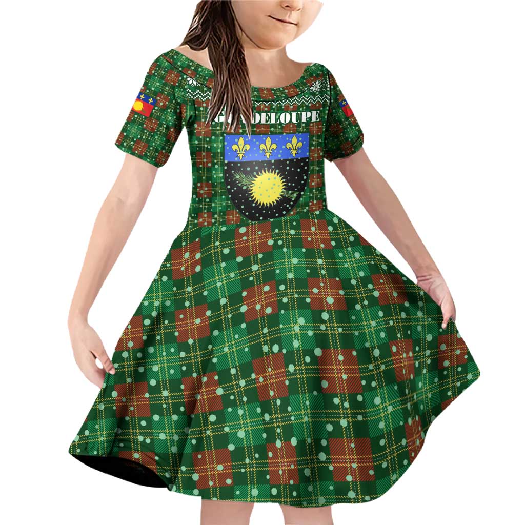 Guadeloupe Christmas Family Matching Off Shoulder Short Dress and Hawaiian Shirt with Green-Red Plaid Design, Sun and Sugarcane Emblem, and Santa Sleigh Motif - Wonder Print Shop
