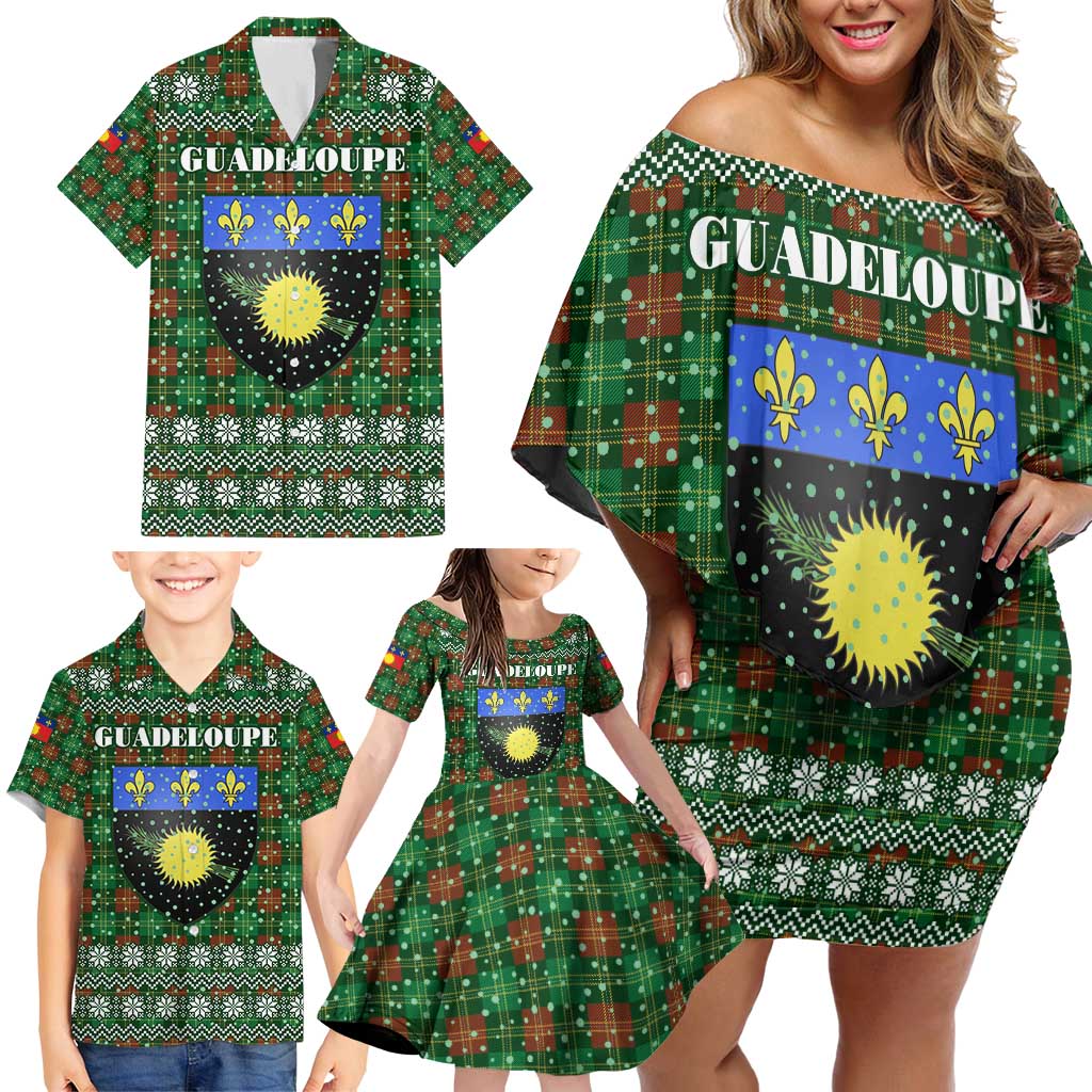 Guadeloupe Christmas Family Matching Off Shoulder Short Dress and Hawaiian Shirt with Green-Red Plaid Design, Sun and Sugarcane Emblem, and Santa Sleigh Motif - Wonder Print Shop