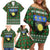Guadeloupe Christmas Family Matching Off Shoulder Short Dress and Hawaiian Shirt with Green-Red Plaid Design, Sun and Sugarcane Emblem, and Santa Sleigh Motif - Wonder Print Shop
