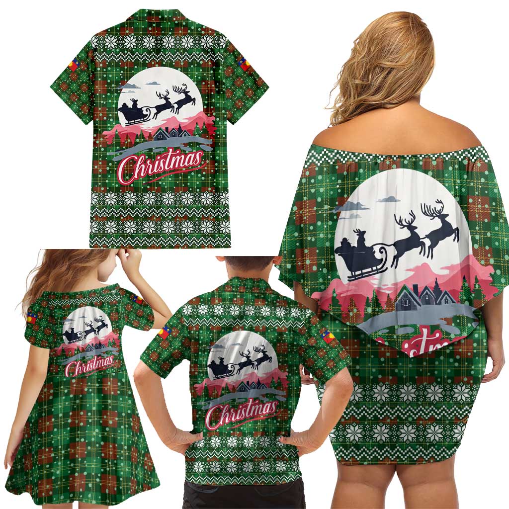 Guadeloupe Christmas Family Matching Off Shoulder Short Dress and Hawaiian Shirt with Green-Red Plaid Design, Sun and Sugarcane Emblem, and Santa Sleigh Motif - Wonder Print Shop