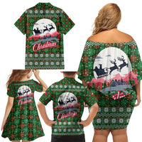Guadeloupe Christmas Family Matching Off Shoulder Short Dress and Hawaiian Shirt with Green-Red Plaid Design, Sun and Sugarcane Emblem, and Santa Sleigh Motif - Wonder Print Shop