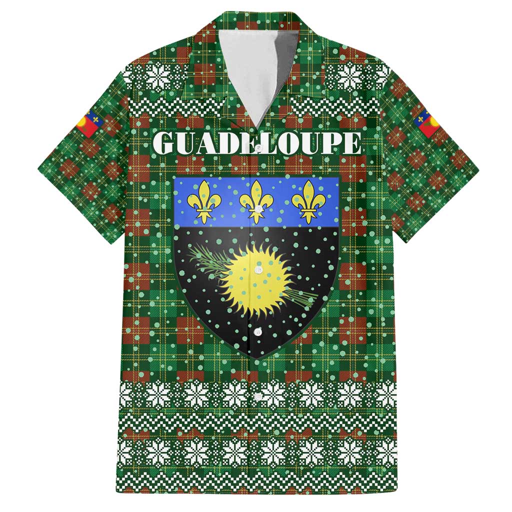 Guadeloupe Christmas Family Matching Off Shoulder Short Dress and Hawaiian Shirt with Green-Red Plaid Design, Sun and Sugarcane Emblem, and Santa Sleigh Motif - Wonder Print Shop