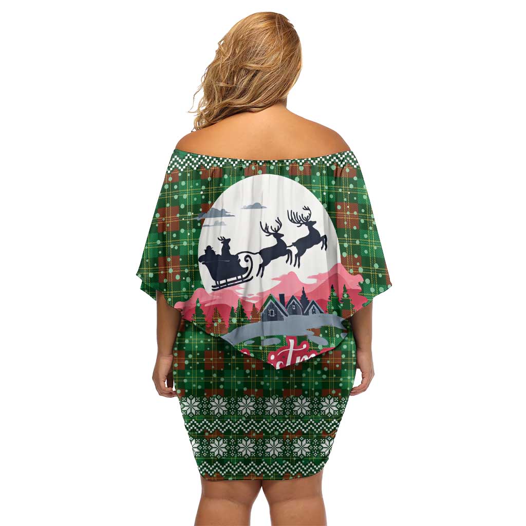Guadeloupe Christmas Family Matching Off Shoulder Short Dress and Hawaiian Shirt with Green-Red Plaid Design, Sun and Sugarcane Emblem, and Santa Sleigh Motif - Wonder Print Shop
