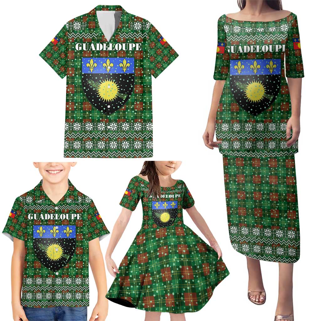 Guadeloupe Christmas Family Matching Puletasi and Hawaiian Shirt with Green-Red Plaid Design, Sun and Sugarcane Emblem, and Santa Sleigh Motif - Wonder Print Shop
