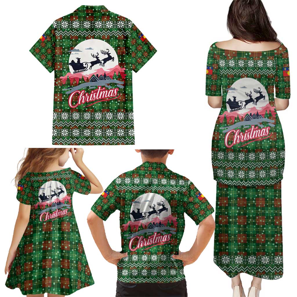 Guadeloupe Christmas Family Matching Puletasi and Hawaiian Shirt with Green-Red Plaid Design, Sun and Sugarcane Emblem, and Santa Sleigh Motif - Wonder Print Shop