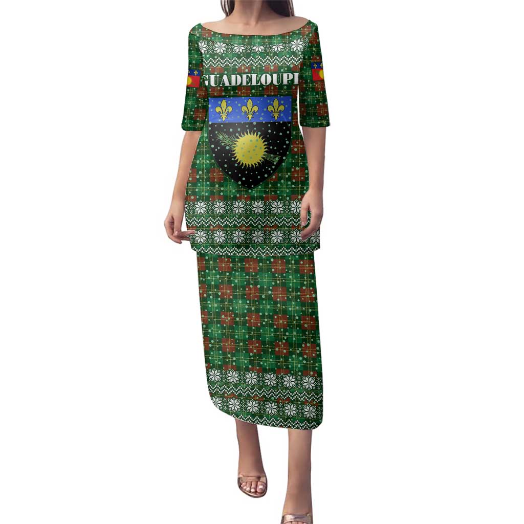 Guadeloupe Christmas Family Matching Puletasi and Hawaiian Shirt with Green-Red Plaid Design, Sun and Sugarcane Emblem, and Santa Sleigh Motif - Wonder Print Shop