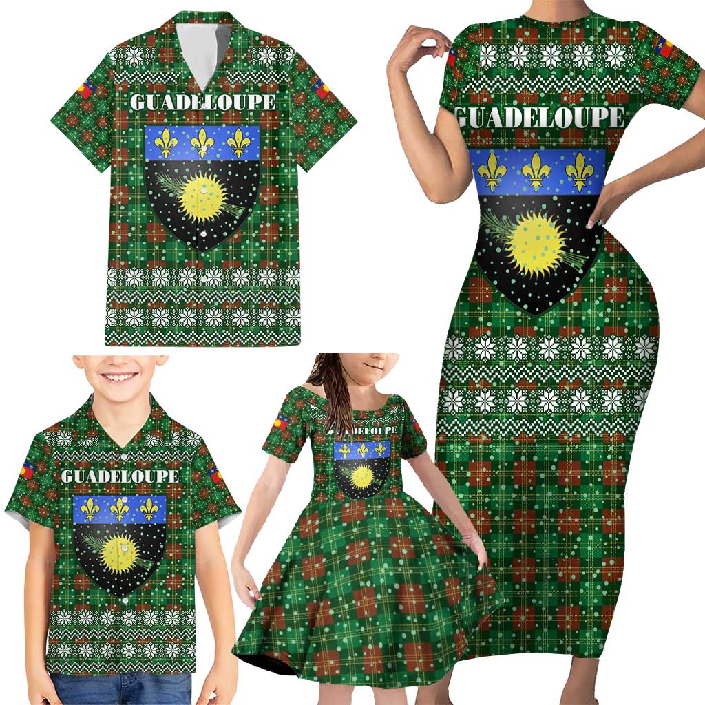 Guadeloupe Christmas Family Matching Short Sleeve Bodycon Dress and Hawaiian Shirt with Green-Red Plaid Design, Sun and Sugarcane Emblem, and Santa Sleigh Motif - Wonder Print Shop