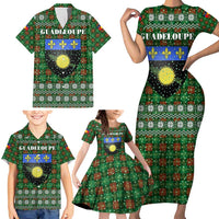 Guadeloupe Christmas Family Matching Short Sleeve Bodycon Dress and Hawaiian Shirt with Green-Red Plaid Design, Sun and Sugarcane Emblem, and Santa Sleigh Motif - Wonder Print Shop