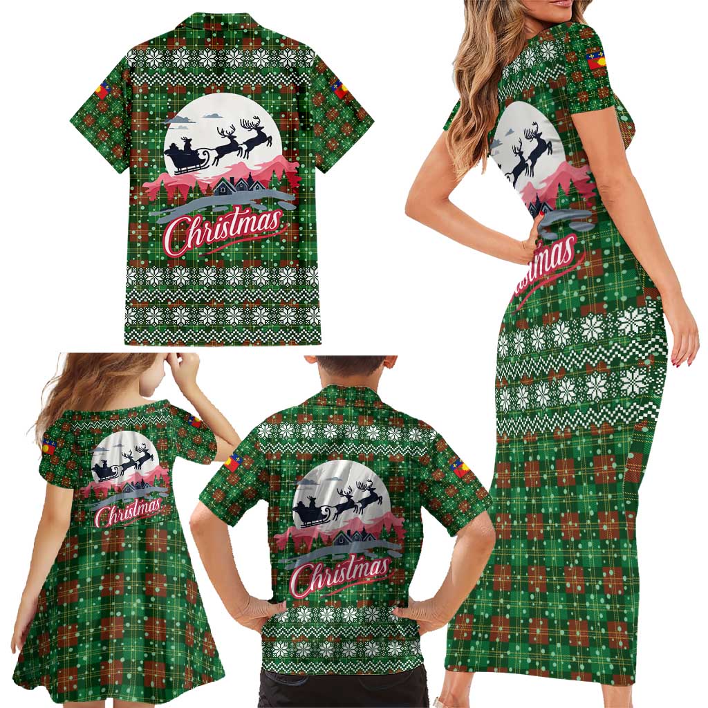 Guadeloupe Christmas Family Matching Short Sleeve Bodycon Dress and Hawaiian Shirt with Green-Red Plaid Design, Sun and Sugarcane Emblem, and Santa Sleigh Motif - Wonder Print Shop