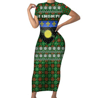 Guadeloupe Christmas Family Matching Short Sleeve Bodycon Dress and Hawaiian Shirt with Green-Red Plaid Design, Sun and Sugarcane Emblem, and Santa Sleigh Motif - Wonder Print Shop