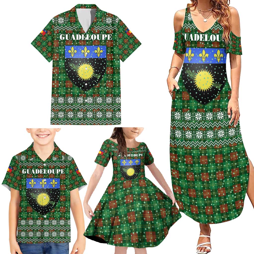 Guadeloupe Christmas Family Matching Summer Maxi Dress and Hawaiian Shirt with Green-Red Plaid Design, Sun and Sugarcane Emblem, and Santa Sleigh Motif - Wonder Print Shop