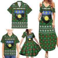 Guadeloupe Christmas Family Matching Summer Maxi Dress and Hawaiian Shirt with Green-Red Plaid Design, Sun and Sugarcane Emblem, and Santa Sleigh Motif - Wonder Print Shop