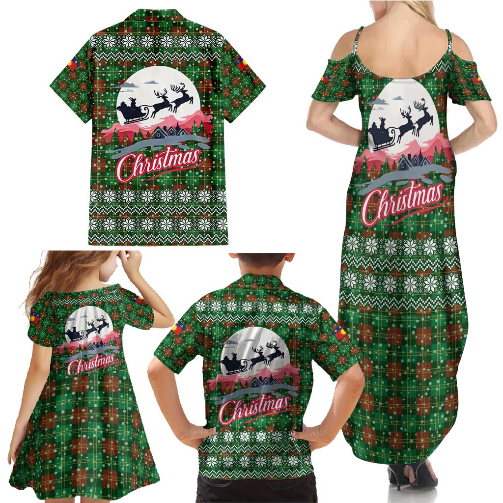 Guadeloupe Christmas Family Matching Summer Maxi Dress and Hawaiian Shirt with Green-Red Plaid Design, Sun and Sugarcane Emblem, and Santa Sleigh Motif - Wonder Print Shop
