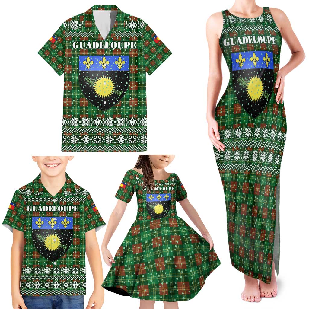 Guadeloupe Christmas Family Matching Tank Maxi Dress and Hawaiian Shirt with Green-Red Plaid Design, Sun and Sugarcane Emblem, and Santa Sleigh Motif - Wonder Print Shop
