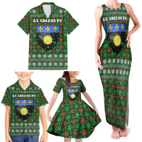 Guadeloupe Christmas Family Matching Tank Maxi Dress and Hawaiian Shirt with Green-Red Plaid Design, Sun and Sugarcane Emblem, and Santa Sleigh Motif - Wonder Print Shop