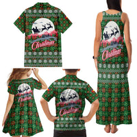Guadeloupe Christmas Family Matching Tank Maxi Dress and Hawaiian Shirt with Green-Red Plaid Design, Sun and Sugarcane Emblem, and Santa Sleigh Motif - Wonder Print Shop