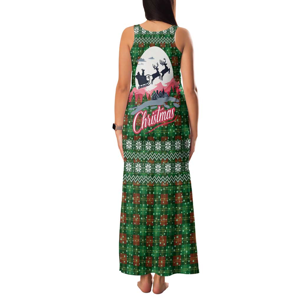 Guadeloupe Christmas Family Matching Tank Maxi Dress and Hawaiian Shirt with Green-Red Plaid Design, Sun and Sugarcane Emblem, and Santa Sleigh Motif - Wonder Print Shop