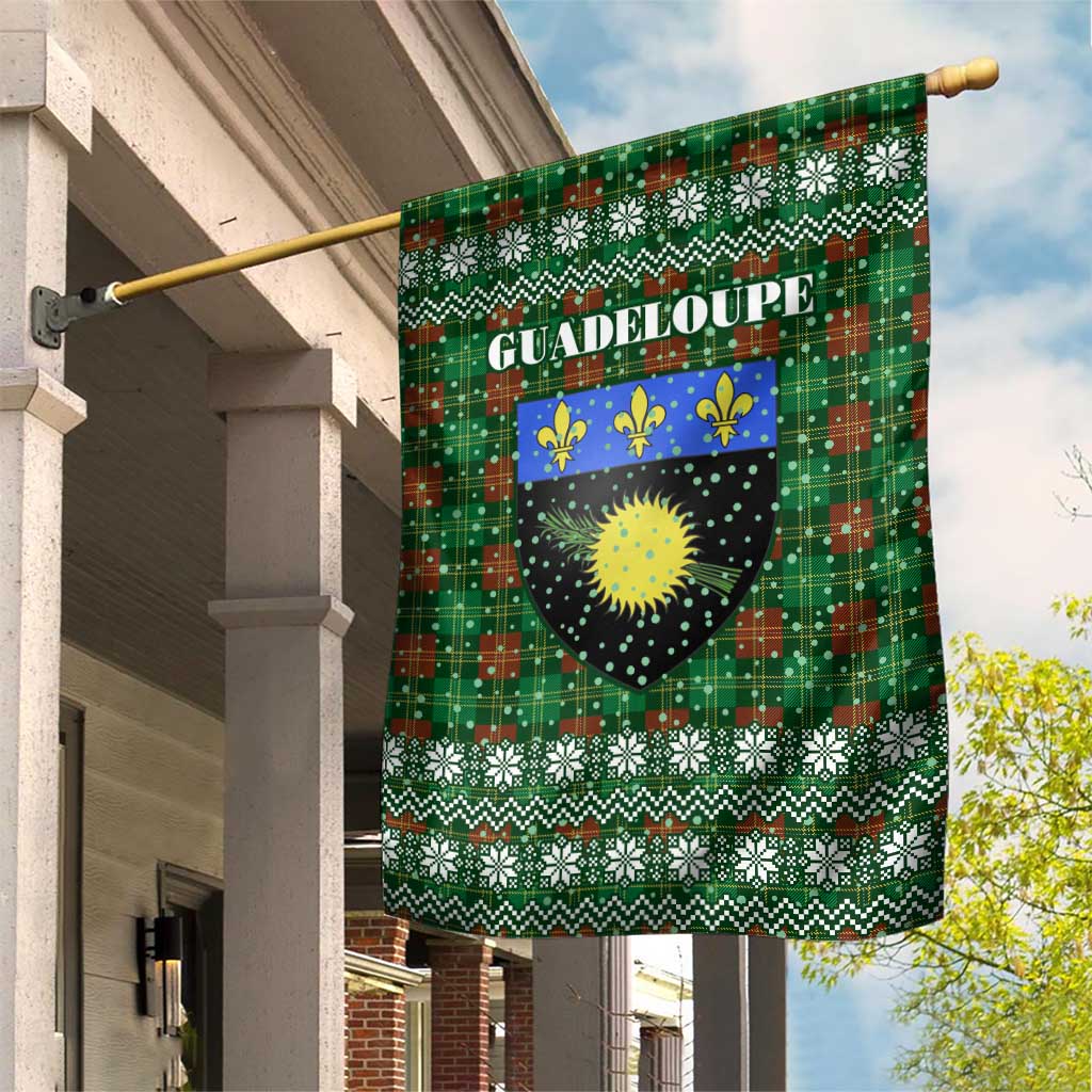 Guadeloupe Christmas Garden Flag with Green-Red Plaid Design, Sun and Sugarcane Emblem, and Santa Sleigh Motif - Wonder Print Shop