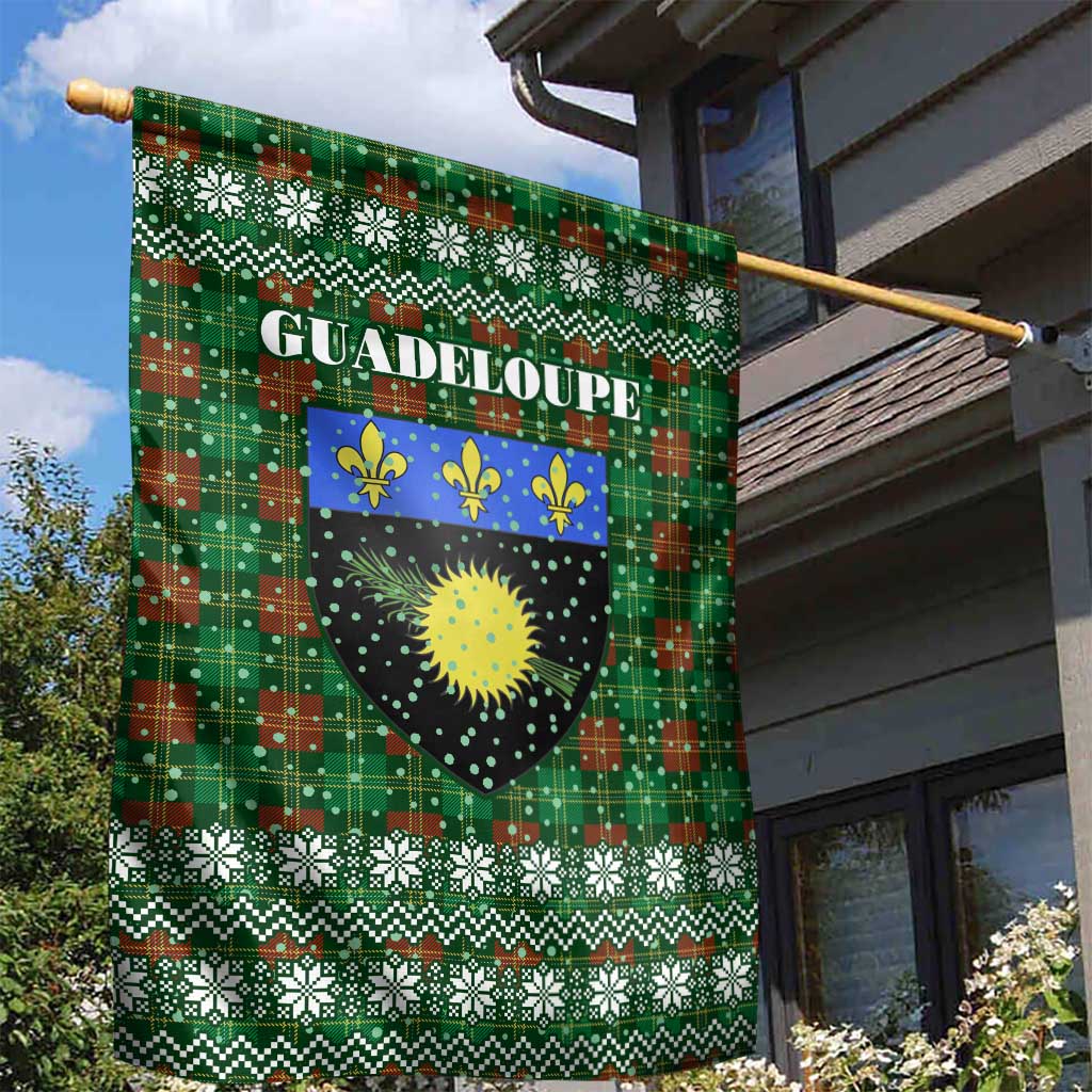 Guadeloupe Christmas Garden Flag with Green-Red Plaid Design, Sun and Sugarcane Emblem, and Santa Sleigh Motif - Wonder Print Shop