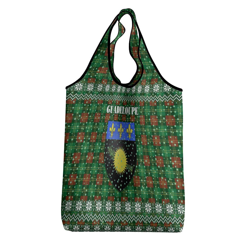 Guadeloupe Christmas Grocery Bag with Green-Red Plaid Design, Sun and Sugarcane Emblem, and Santa Sleigh Motif - Wonder Print Shop