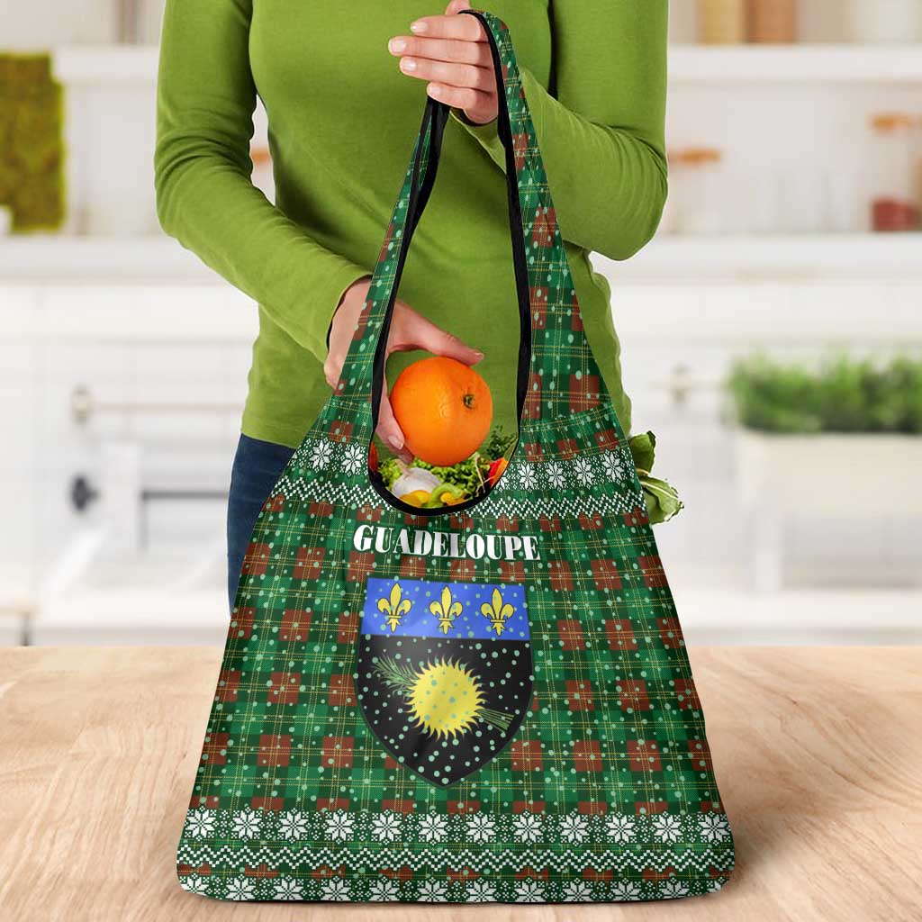 Guadeloupe Christmas Grocery Bag with Green-Red Plaid Design, Sun and Sugarcane Emblem, and Santa Sleigh Motif - Wonder Print Shop