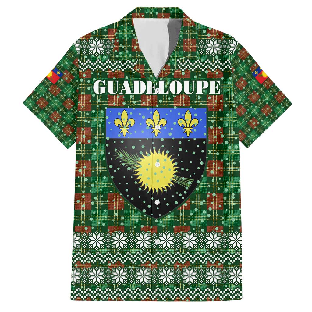Guadeloupe Christmas Hawaiian Shirt with Green-Red Plaid Design, Sun and Sugarcane Emblem, and Santa Sleigh Motif - Wonder Print Shop