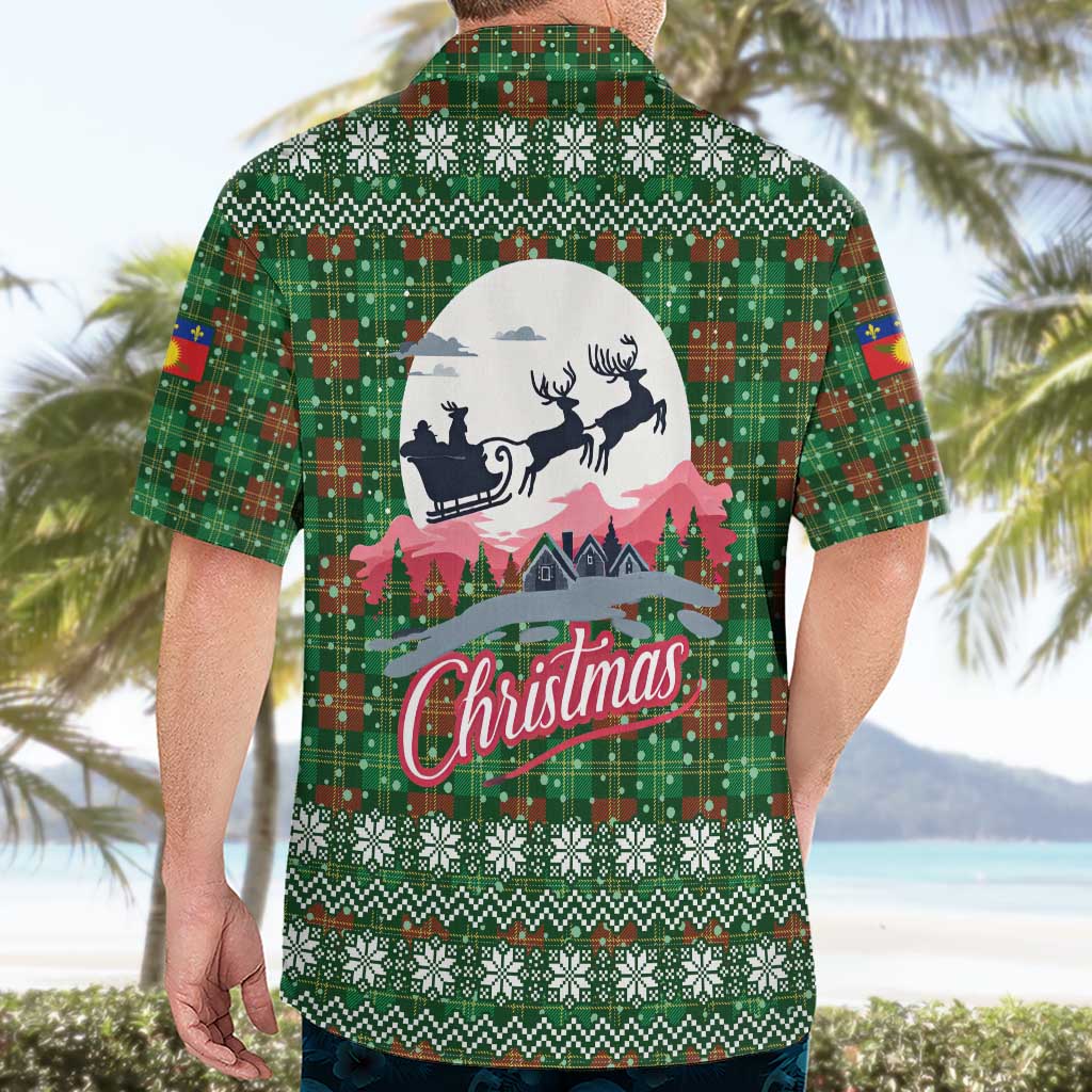 Guadeloupe Christmas Hawaiian Shirt with Green-Red Plaid Design, Sun and Sugarcane Emblem, and Santa Sleigh Motif - Wonder Print Shop