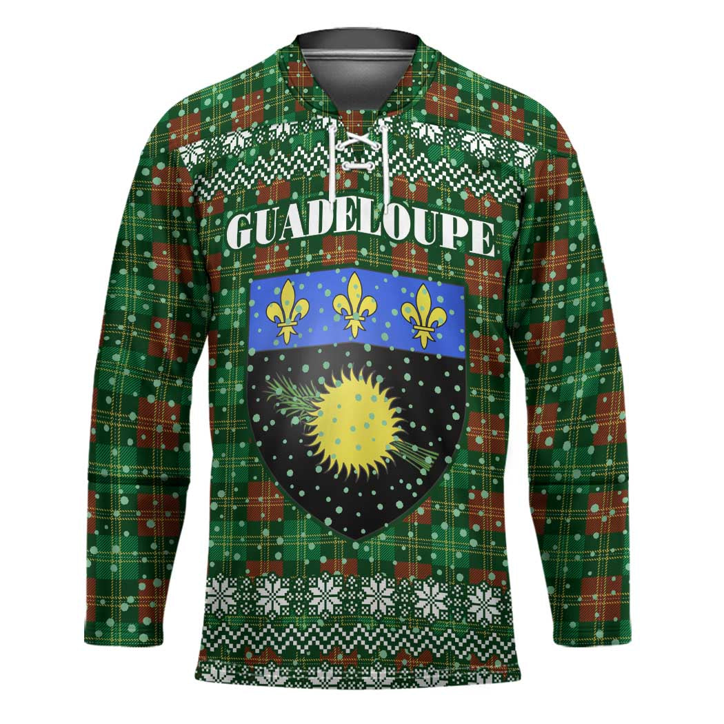 Guadeloupe Christmas Hockey Jersey with Green-Red Plaid Design, Sun and Sugarcane Emblem, and Santa Sleigh Motif - Wonder Print Shop