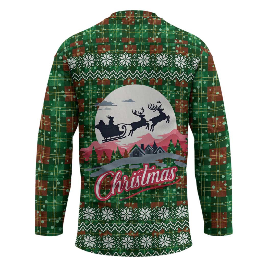Guadeloupe Christmas Hockey Jersey with Green-Red Plaid Design, Sun and Sugarcane Emblem, and Santa Sleigh Motif - Wonder Print Shop