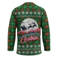 Guadeloupe Christmas Hockey Jersey with Green-Red Plaid Design, Sun and Sugarcane Emblem, and Santa Sleigh Motif - Wonder Print Shop