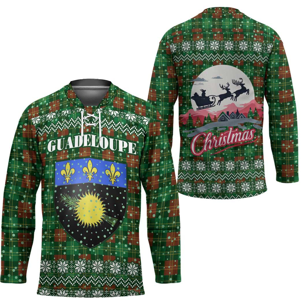 Guadeloupe Christmas Hockey Jersey with Green-Red Plaid Design, Sun and Sugarcane Emblem, and Santa Sleigh Motif - Wonder Print Shop