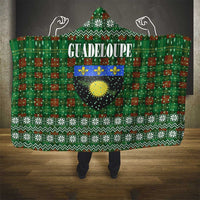 Guadeloupe Christmas Hooded Blanket with Green-Red Plaid Design, Sun and Sugarcane Emblem, and Santa Sleigh Motif - Wonder Print Shop
