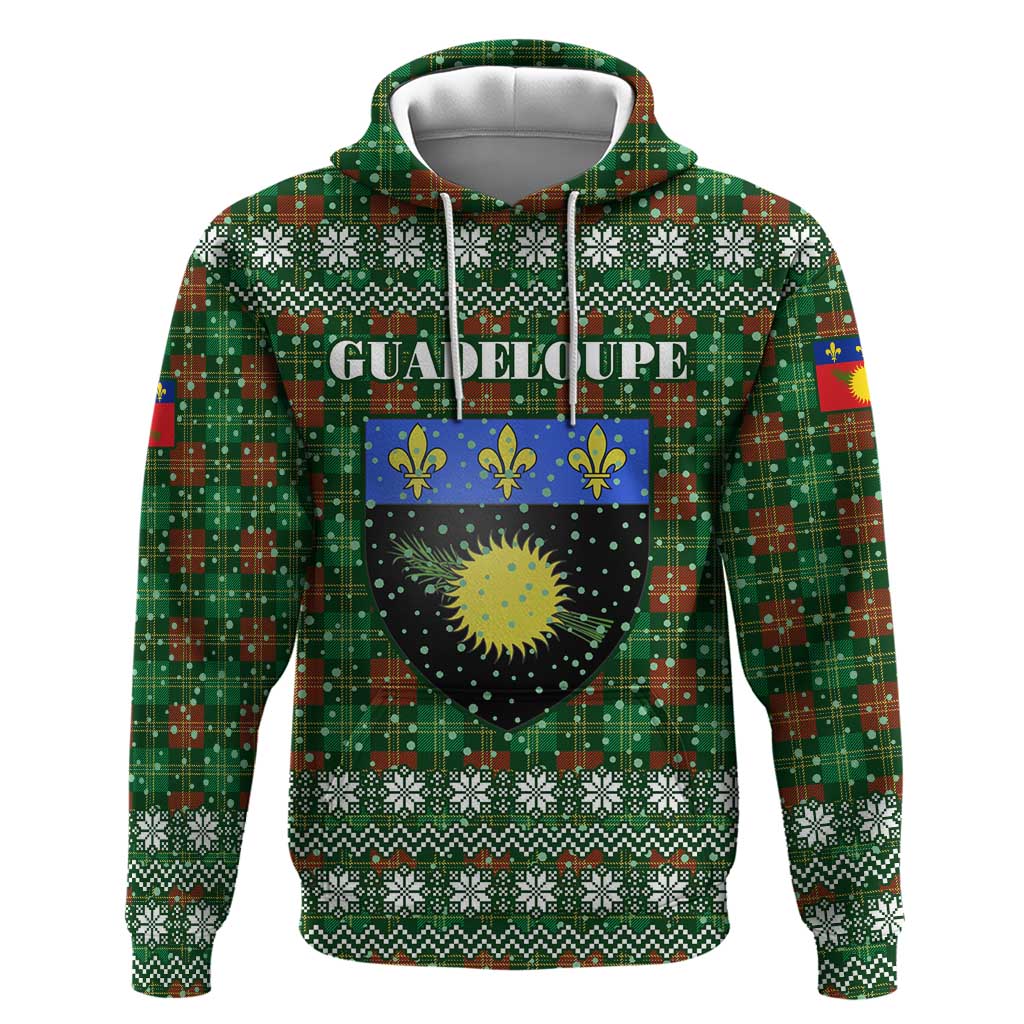 Guadeloupe Christmas Hoodie with Green-Red Plaid Design, Sun and Sugarcane Emblem, and Santa Sleigh Motif - Wonder Print Shop