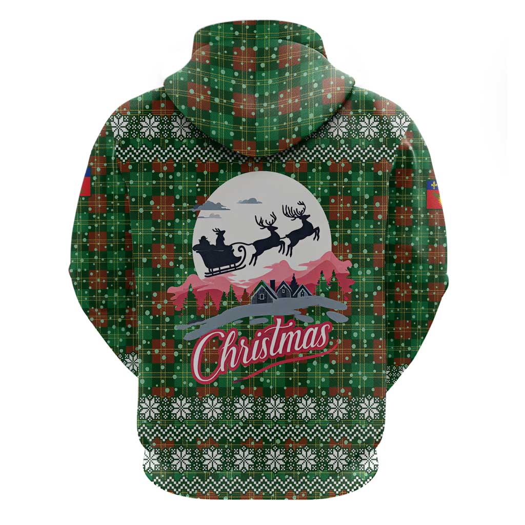 Guadeloupe Christmas Hoodie with Green-Red Plaid Design, Sun and Sugarcane Emblem, and Santa Sleigh Motif - Wonder Print Shop