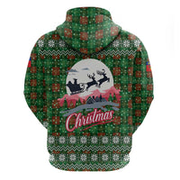 Guadeloupe Christmas Hoodie with Green-Red Plaid Design, Sun and Sugarcane Emblem, and Santa Sleigh Motif - Wonder Print Shop