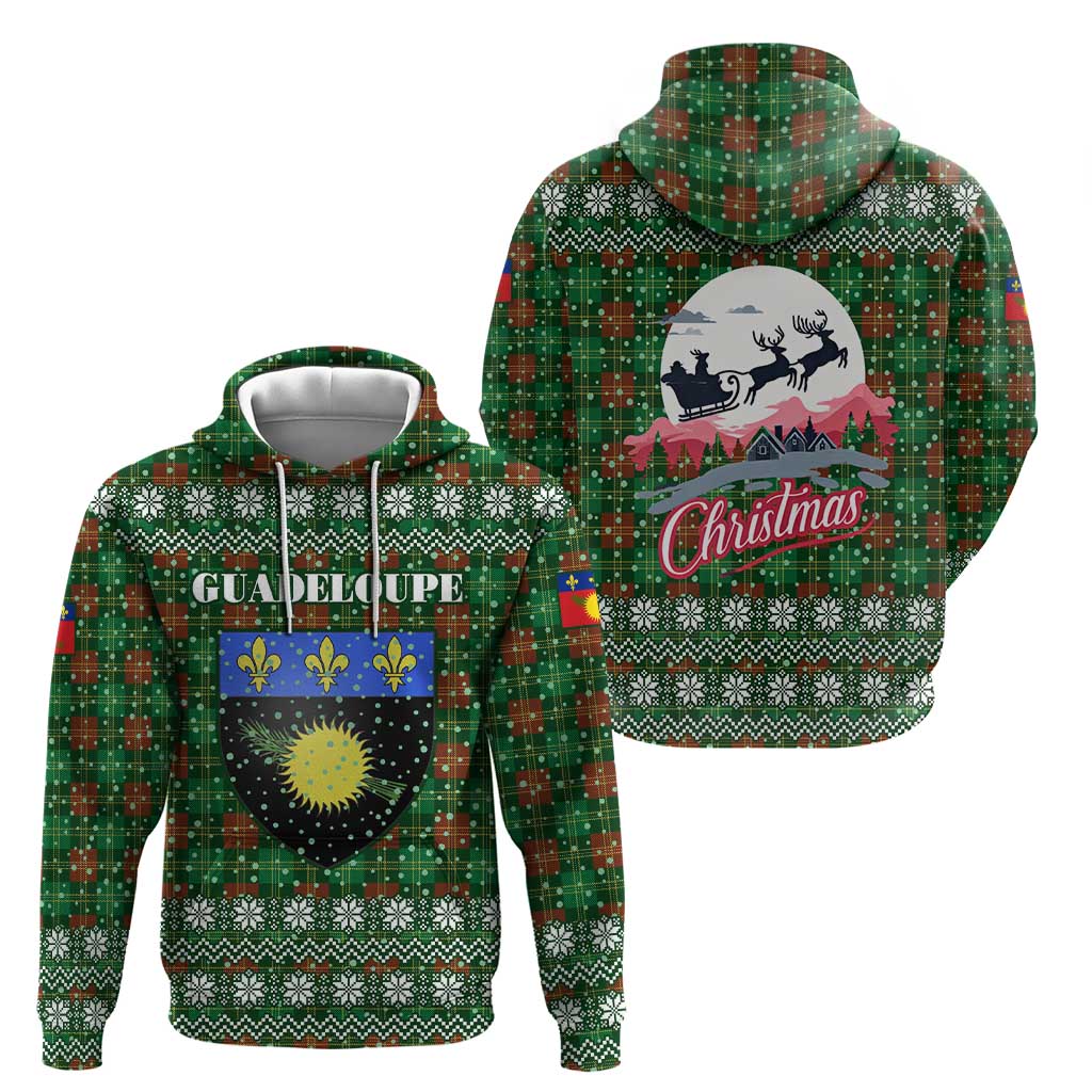 Guadeloupe Christmas Hoodie with Green-Red Plaid Design, Sun and Sugarcane Emblem, and Santa Sleigh Motif - Wonder Print Shop