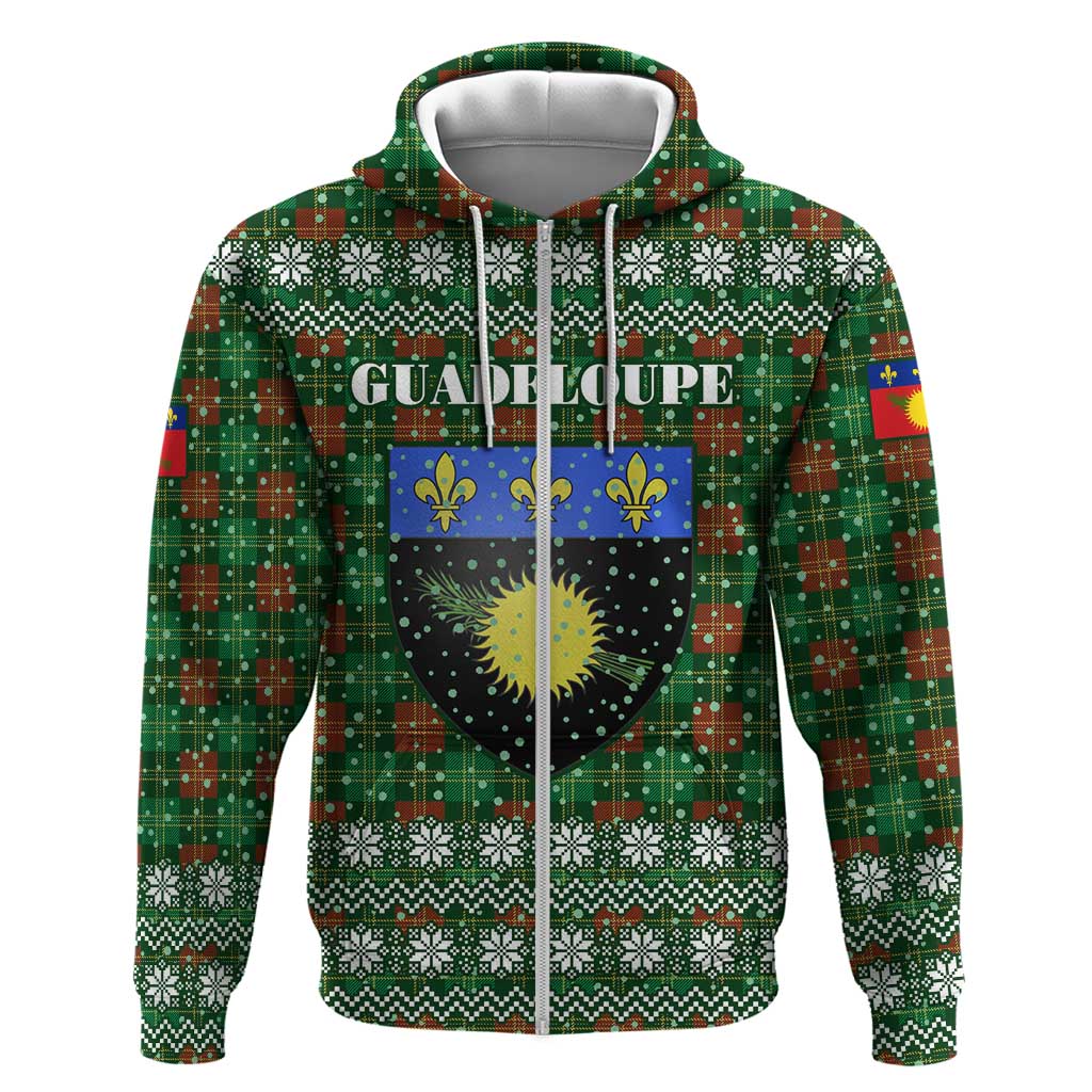 Guadeloupe Christmas Hoodie with Green-Red Plaid Design, Sun and Sugarcane Emblem, and Santa Sleigh Motif - Wonder Print Shop