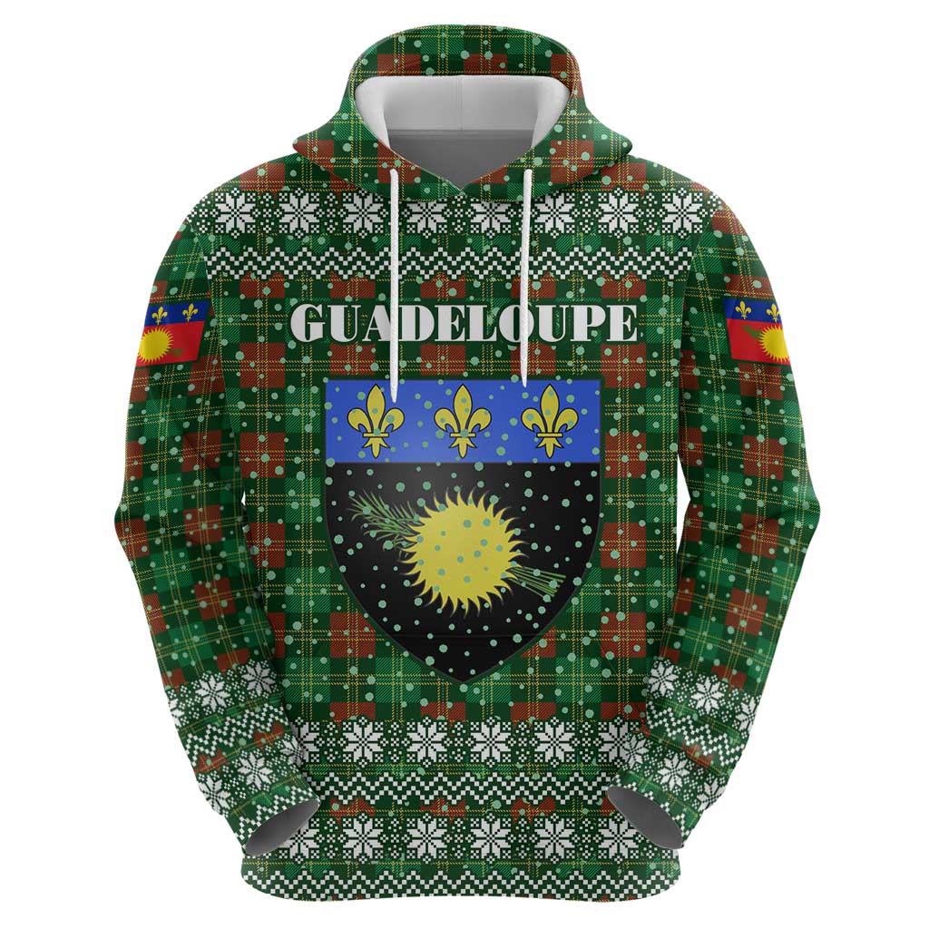 Guadeloupe Christmas Hoodie with Green-Red Plaid Design, Sun and Sugarcane Emblem, and Santa Sleigh Motif - Wonder Print Shop