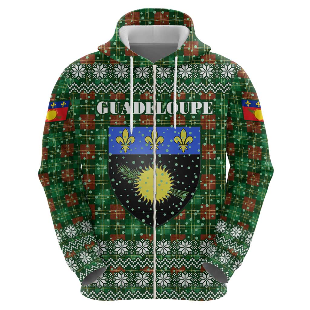 Guadeloupe Christmas Hoodie with Green-Red Plaid Design, Sun and Sugarcane Emblem, and Santa Sleigh Motif - Wonder Print Shop