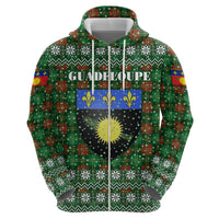 Guadeloupe Christmas Hoodie with Green-Red Plaid Design, Sun and Sugarcane Emblem, and Santa Sleigh Motif - Wonder Print Shop