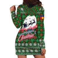Guadeloupe Christmas Hoodie Dress with Green-Red Plaid Design, Sun and Sugarcane Emblem, and Santa Sleigh Motif - Wonder Print Shop