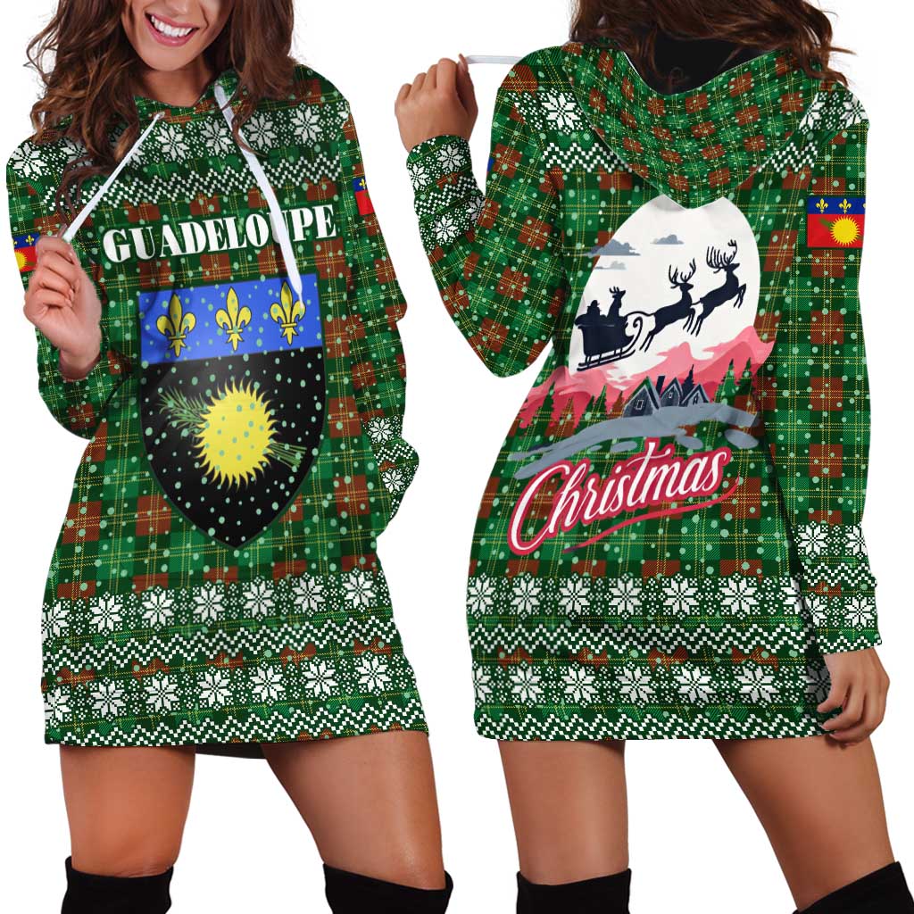 Guadeloupe Christmas Hoodie Dress with Green-Red Plaid Design, Sun and Sugarcane Emblem, and Santa Sleigh Motif - Wonder Print Shop