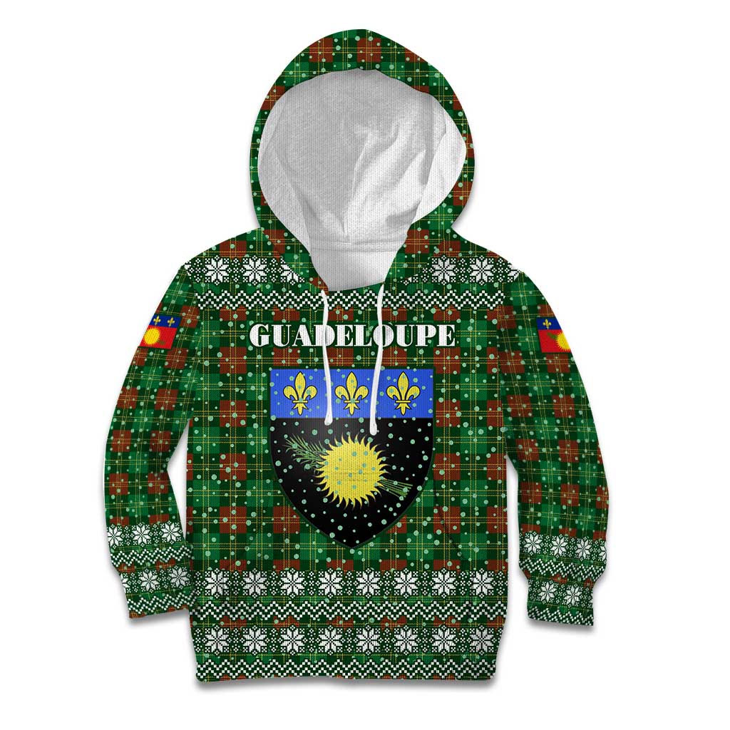 Guadeloupe Christmas Kid Hoodie with Green-Red Plaid Design, Sun and Sugarcane Emblem, and Santa Sleigh Motif - Wonder Print Shop